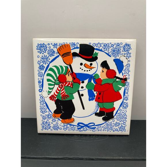 Vintage Jasco Ceramic Christmas Snowman Tile Trivet - Taiwan - Rubber Feet 4.25" - Picture 1 of 5